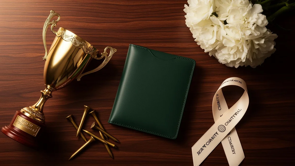 Editorial flat-lay of a golf trophy, leather scorecard, brass tees and charity ribbon on dark wood