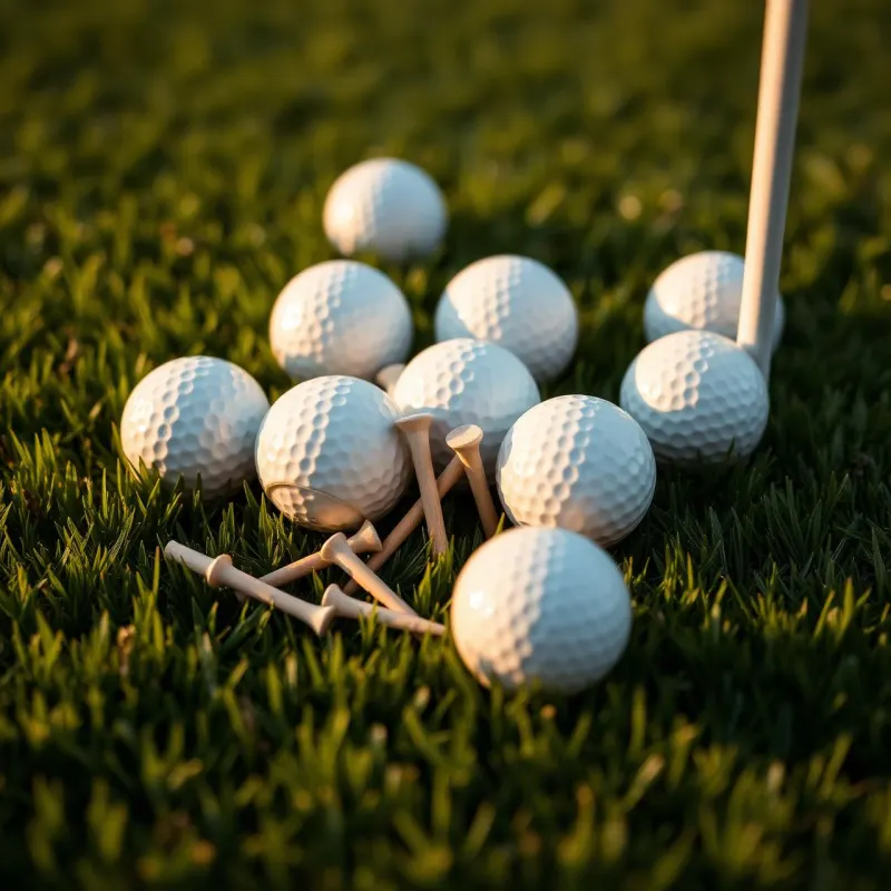 Cluster of white golf balls and wooden tees on lush fairway grass at golden hour